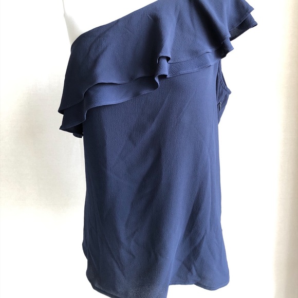 Michael Kors One Sleeve Navy Ruffle Top - Picture 2 of 8